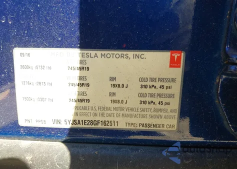 2016 Tesla Model S 60D/70D/75D/85D/90D из США, поврежденный, VIN 5YJSA1E28GF162511